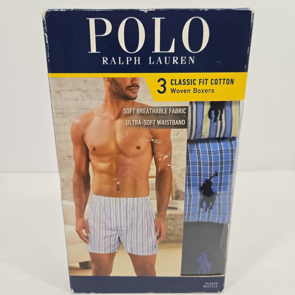 Polo Ralph Lauren Mens Medium Classic Fit Cotton Woven Boxers Blue Plaid Striped